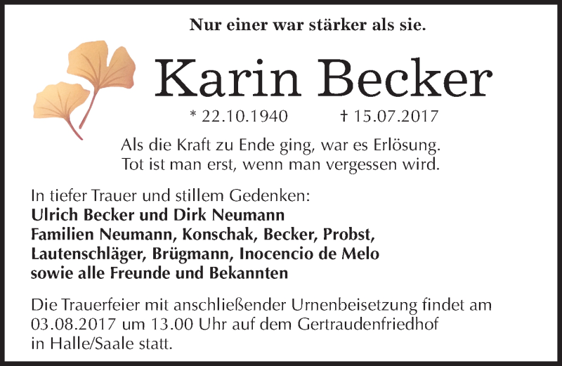  Traueranzeige für Karin Becker vom 29.07.2017 aus Mitteldeutsche Zeitung Halle/Saalkreis