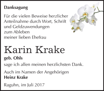 Traueranzeige von Karin Krake von Mitteldeutsche Zeitung Bitterfeld