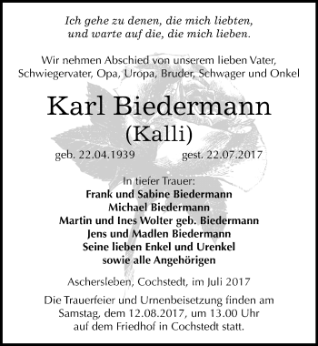 Traueranzeige von Karl Biedermann von Mitteldeutsche Zeitung Aschersleben