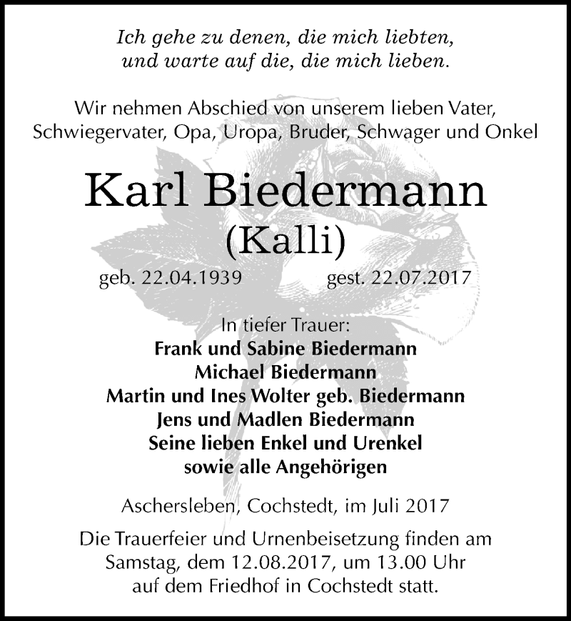  Traueranzeige für Karl Biedermann vom 28.07.2017 aus Mitteldeutsche Zeitung Aschersleben