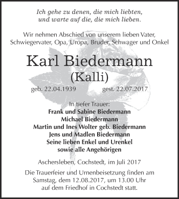 Traueranzeige von Karl Biedermann von Super Sonntag Aschersleben