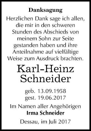Traueranzeige von Karl-Heinz Schneider von Mitteldeutsche Zeitung Dessau-Roßlau