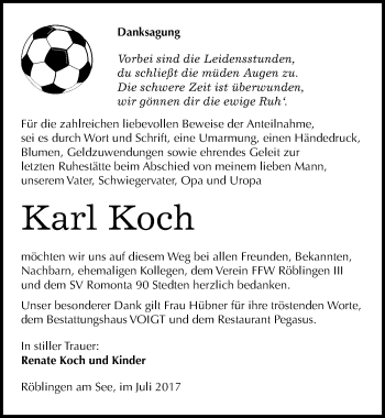 Traueranzeige von Karl Koch von Mitteldeutsche Zeitung Mansfelder Land