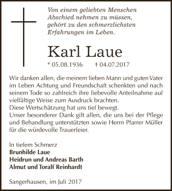 Traueranzeige von Karl Laue von Super Sonntag SGH Mansf. Land