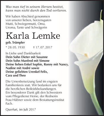 Traueranzeige von Karla Lemke von WVG - Wochenspiegel Merseburg