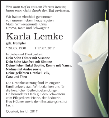 Traueranzeige von Karla Lemke von Mitteldeutsche Zeitung Merseburg/Querfurt