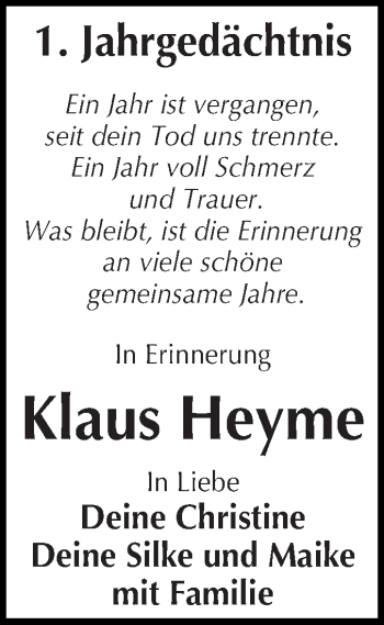 Traueranzeige von Klaus Heyme von WVG - Wochenspiegel NMB / WSF / ZTZ