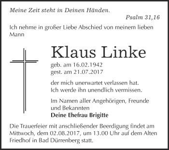 Traueranzeige von Klaus Linke von Super Sonntag Merseburg