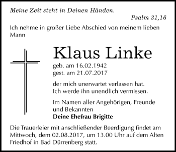Traueranzeige von Klaus Linke von Mitteldeutsche Zeitung Merseburg/Querfurt
