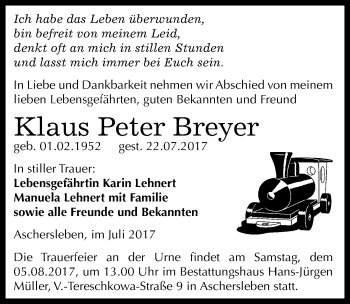 Traueranzeige von Klaus Peter Breyer von Mitteldeutsche Zeitung Aschersleben