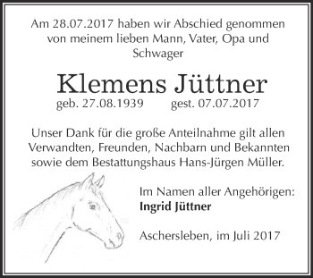Traueranzeige von Klemens Jüttner von Super Sonntag Aschersleben
