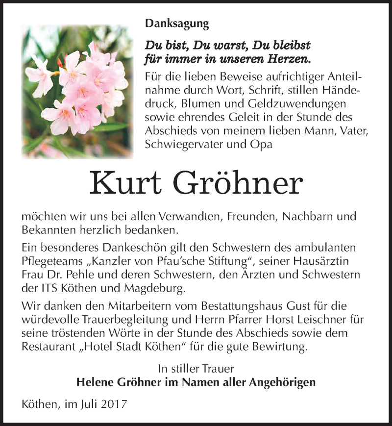  Traueranzeige für Kurt Gröhner vom 29.07.2017 aus Mitteldeutsche Zeitung Köthen