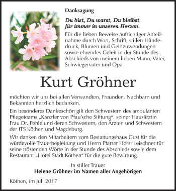 Traueranzeige von Kurt Gröhner von Mitteldeutsche Zeitung Köthen