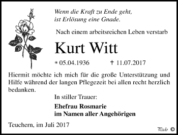 Traueranzeige von Kurt Witt von Mitteldeutsche Zeitung Weißenfels