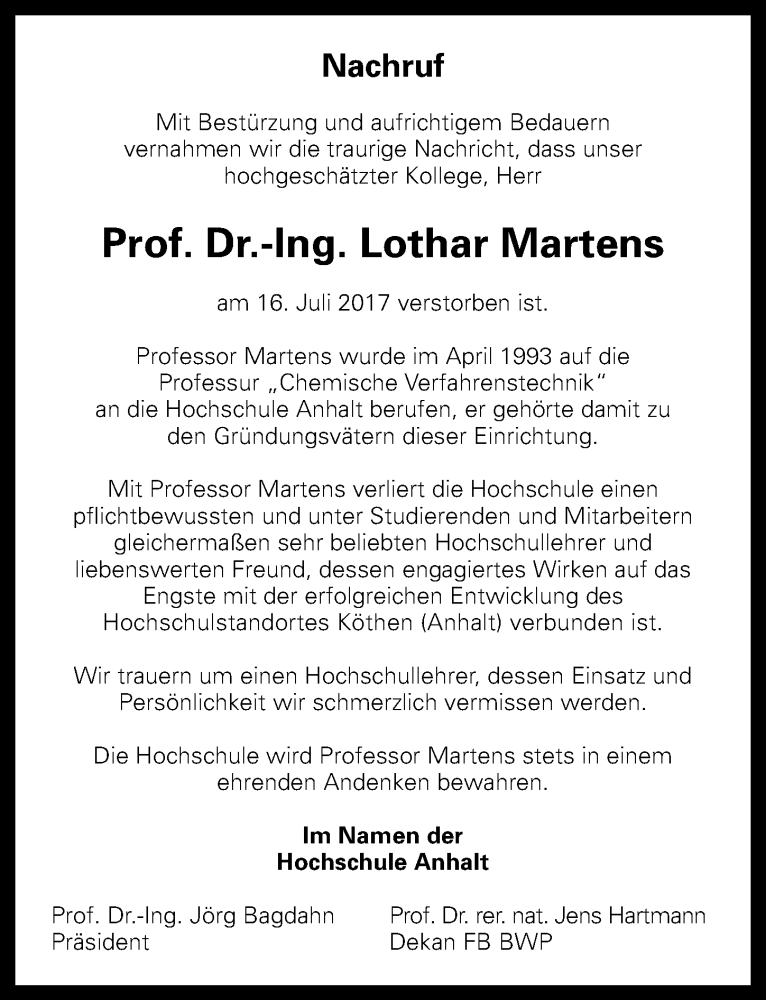  Traueranzeige für Lothar Martens vom 29.07.2017 aus Mitteldeutsche Zeitung