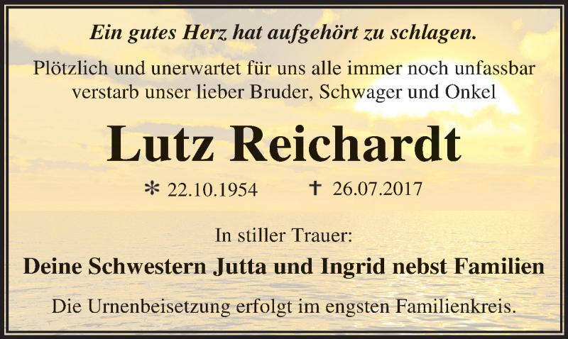  Traueranzeige für Lutz Reichardt vom 29.07.2017 aus Mitteldeutsche Zeitung Dessau-Roßlau
