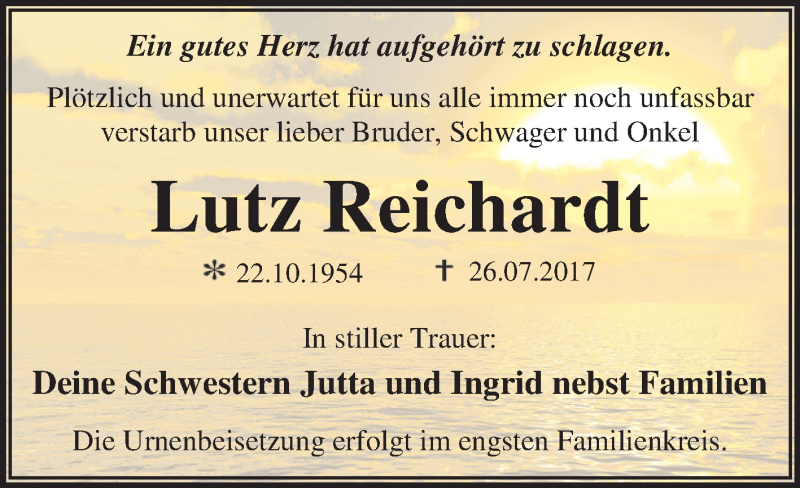  Traueranzeige für Lutz Reichardt vom 29.07.2017 aus WVG - Wochenspiegel Dessau / Köthen