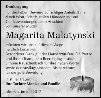 Traueranzeige von Magarita Malatynski von Mitteldeutsche Zeitung Naumburg/Nebra