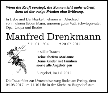 Traueranzeige von Manfred Drenkmann von Mitteldeutsche Zeitung Mansfelder Land