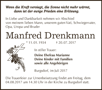 Traueranzeige von Manfred Drenkmann von Super Sonntag SGH Mansf. Land