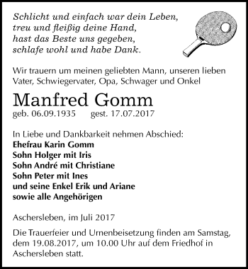 Traueranzeige von Manfred Gomm von Mitteldeutsche Zeitung Aschersleben