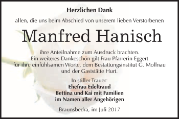 Traueranzeige von Manfred Hanisch von WVG - Wochenspiegel Merseburg