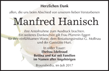 Traueranzeige von Manfred Hanisch von Mitteldeutsche Zeitung Merseburg/Querfurt