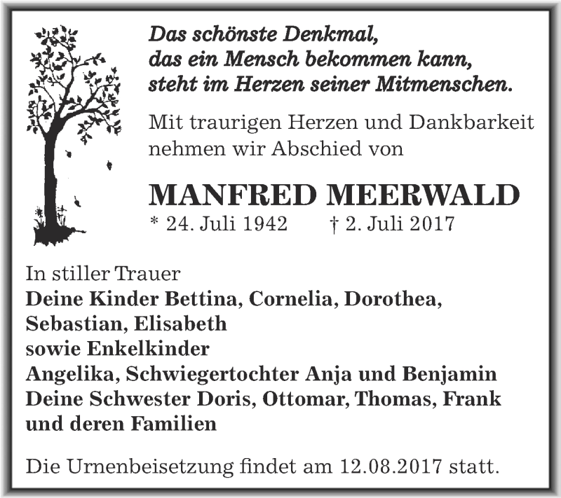 Traueranzeige für Manfred Meerwald vom 29.07.2017 aus WVG - Wochenspiegel Dessau / Köthen
