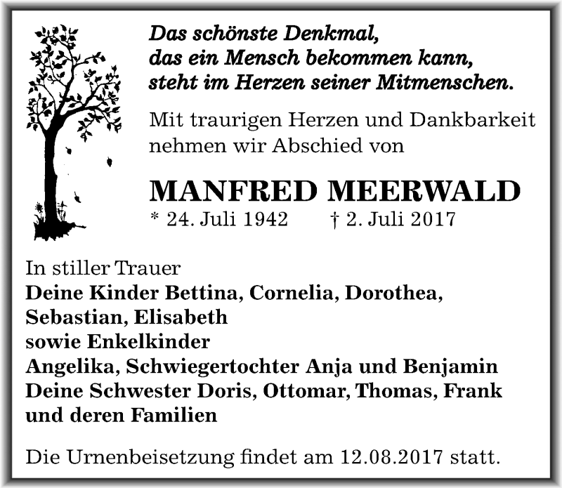  Traueranzeige für Manfred Meerwald vom 29.07.2017 aus Mitteldeutsche Zeitung Dessau-Roßlau