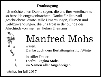 Traueranzeige von Manfred Mohs von Mitteldeutsche Zeitung Bitterfeld