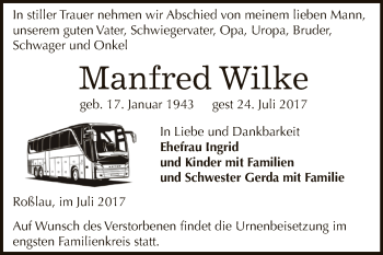 Traueranzeige von Manfred Wilke von WVG - Wochenspiegel Dessau / Köthen