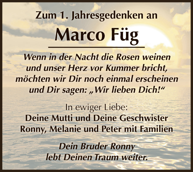  Traueranzeige für Marco Füg vom 29.07.2017 aus Super Sonntag Aschersleben