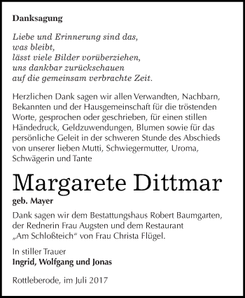 Traueranzeige von Margarete Dittmar von Super Sonntag SGH Mansf. Land