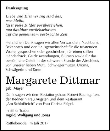 Traueranzeige von Margarete Dittmar von Mitteldeutsche Zeitung Sangerhausen