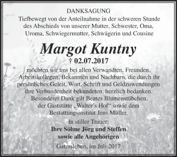 Traueranzeige von Margot Kuntny von Super Sonntag Aschersleben