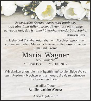 Traueranzeige von Maria Wagner von Super Sonntag SGH Mansf. Land