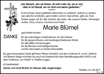 Traueranzeige von Marie Blümel von Mitteldeutsche Zeitung Zeitz