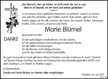 Traueranzeige von Marie Blümel von Super Sonntag Zeitz