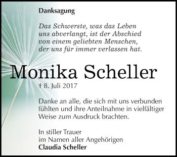 Traueranzeige von Monika Scheller von WVG - Wochenspiegel Dessau / Köthen