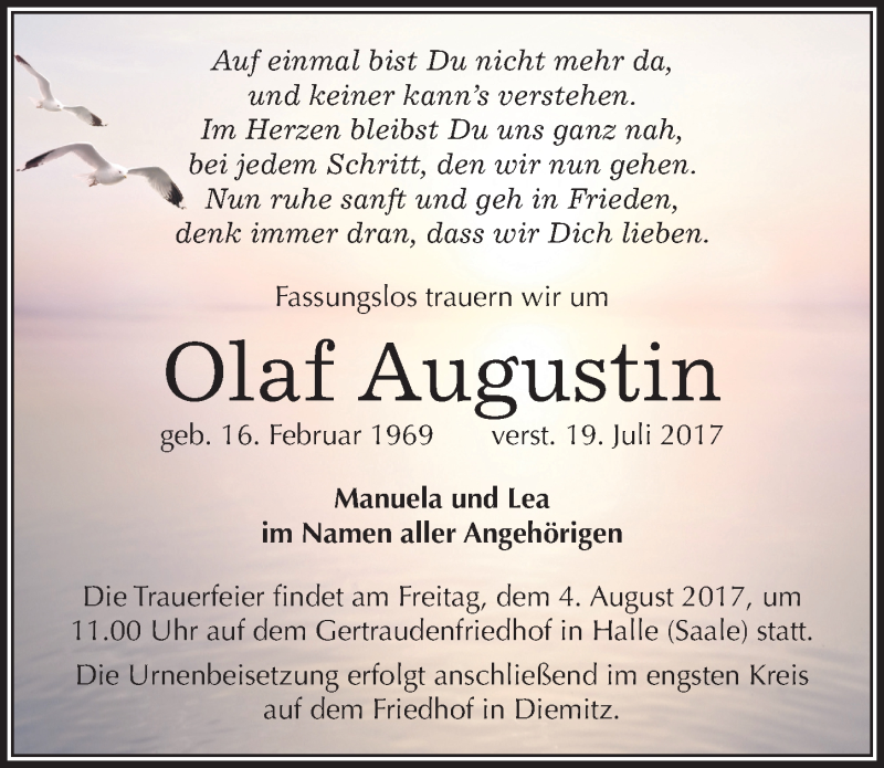  Traueranzeige für Olaf Augustin vom 29.07.2017 aus Mitteldeutsche Zeitung Halle/Saalkreis