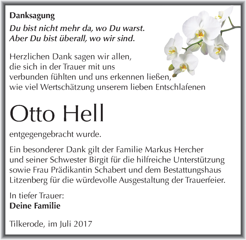  Traueranzeige für Otto Hell vom 29.07.2017 aus Mitteldeutsche Zeitung Mansfelder Land
