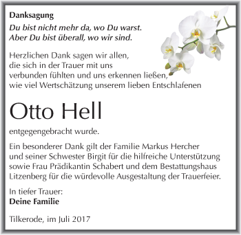Traueranzeige von Otto Hell von Mitteldeutsche Zeitung Mansfelder Land