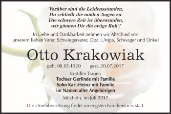 Traueranzeige von Otto Krakowiak von WVG - Wochenspiegel Merseburg