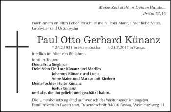 Traueranzeige von Paul Otto Gerhard Künanz von Super Sonntag Wittenberg