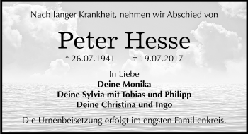 Traueranzeige von Peter Hesse von Mitteldeutsche Zeitung Bitterfeld