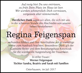 Traueranzeige von Regina Feigenspan von Super Sonntag SGH Mansf. Land