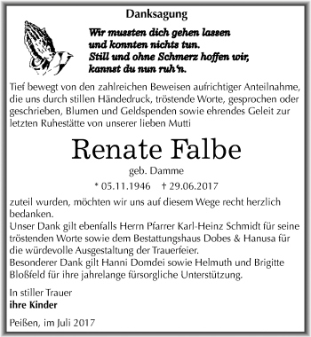 Traueranzeige von Renate Falbe von Mitteldeutsche Zeitung Bernburg