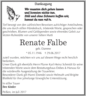 Traueranzeige von Renate Falbe von Super Sonntag Bernburg