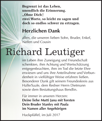 Traueranzeige von Richard Leutiger von Mitteldeutsche Zeitung Sangerhausen
