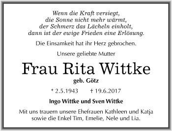 Traueranzeige von Rita Wittke von Mitteldeutsche Zeitung Halle/Saalkreis